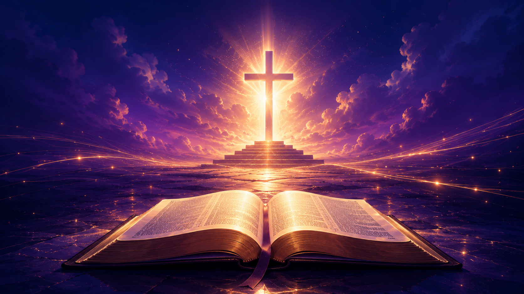 Open Bible with glowing cross and heavenly light