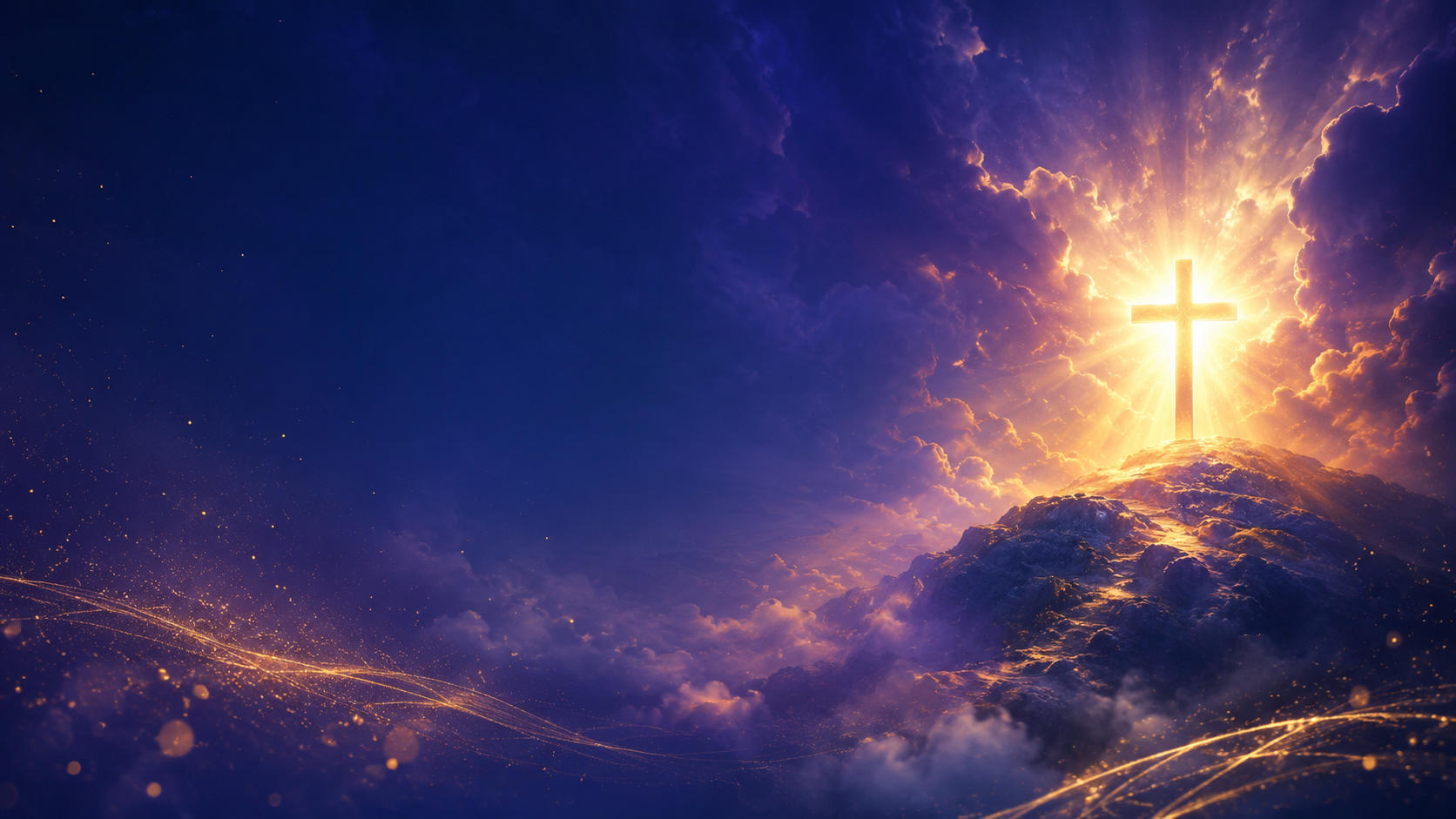 Glowing cross on a mountain at sunset